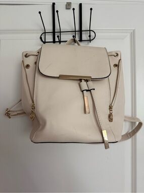 Cream Leatherette Drawstring Backpack with Gold Hardware